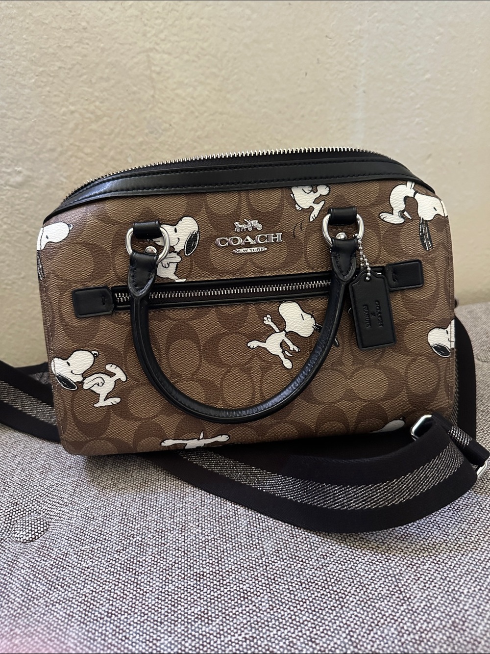 Coach Brown Signature Snoopy Crossbody Satchel with Black Trim
